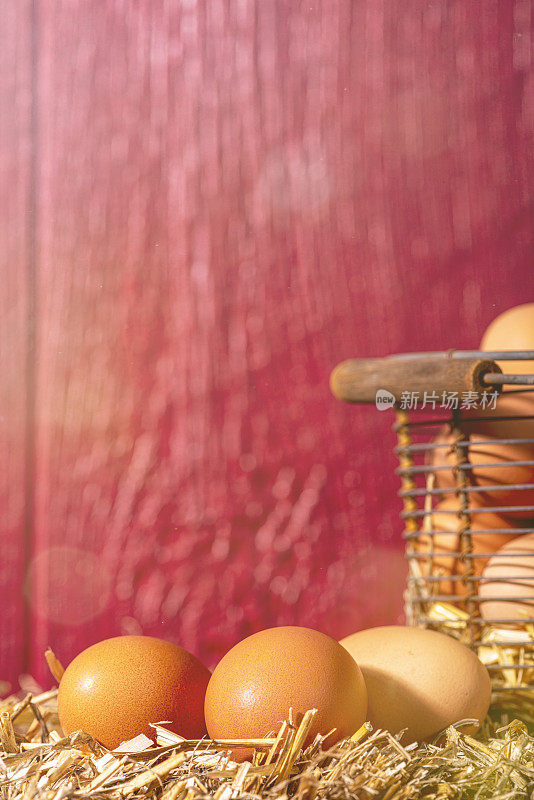 A basket full of farm fresh brown eggs on a straw bale – sunbeam